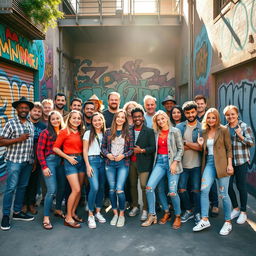 A large creative team photo featuring diverse individuals standing in a vibrant urban environment