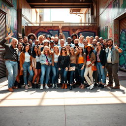 A large creative team photo featuring diverse individuals standing in a vibrant urban environment