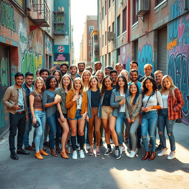 A large creative team photo featuring diverse individuals standing in a vibrant urban environment