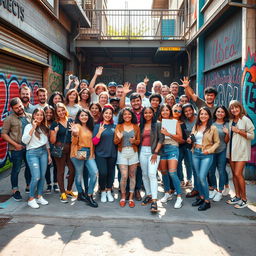 A large creative team photo featuring diverse individuals standing in a vibrant urban environment