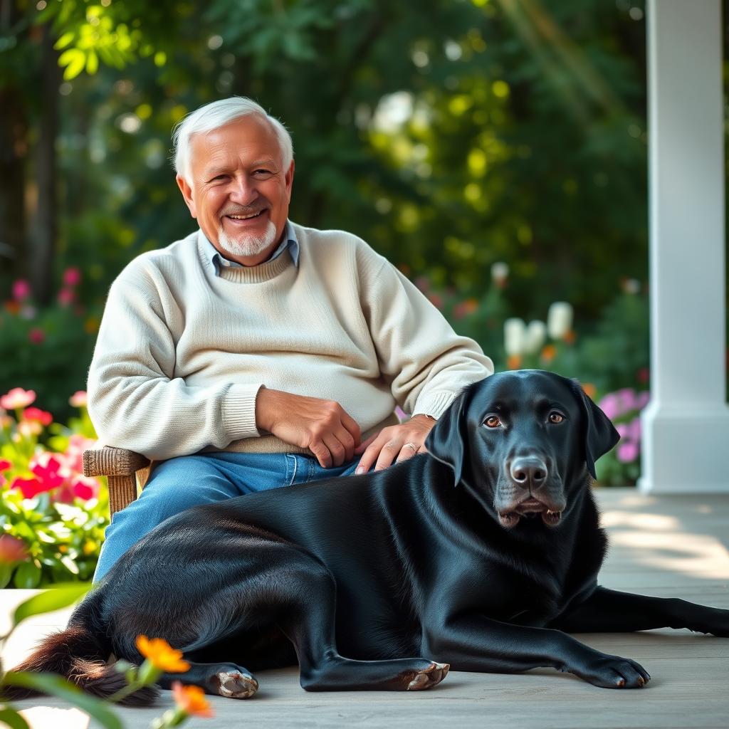 An elderly man, resembling someone's grandfather, sitting comfortably on a porch