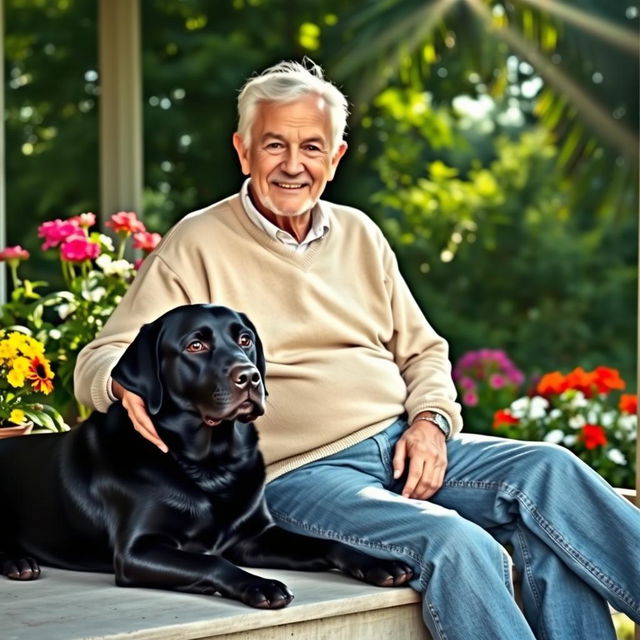 An elderly man, resembling someone's grandfather, sitting comfortably on a porch