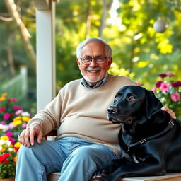 An elderly man, resembling someone's grandfather, sitting comfortably on a porch