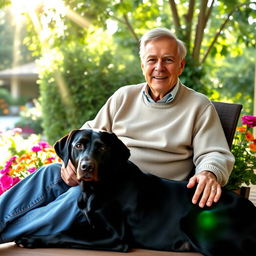 An elderly man, resembling someone's grandfather, sitting comfortably on a porch