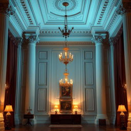 A sophisticated and formal background setting featuring an elegant, classic interior with tall columns, intricate moldings, and soft, warm lighting