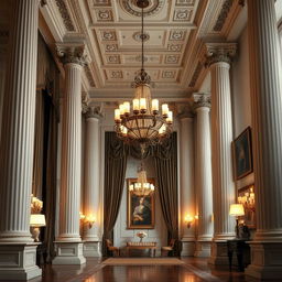 A sophisticated and formal background setting featuring an elegant, classic interior with tall columns, intricate moldings, and soft, warm lighting