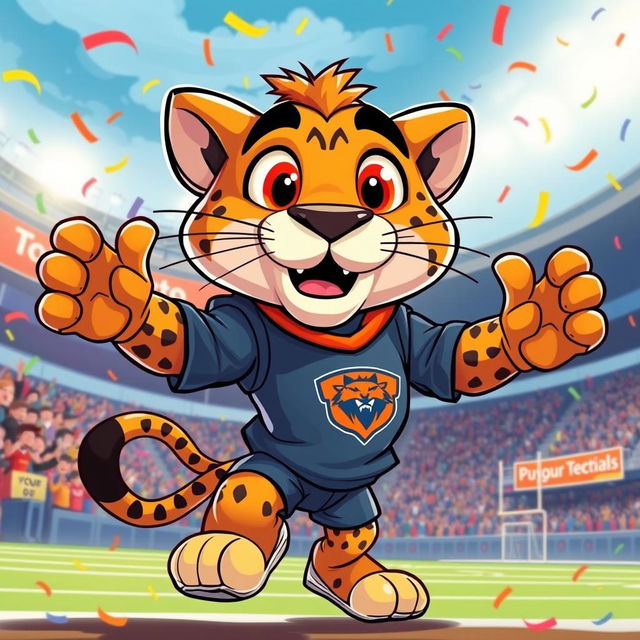 A vibrant and dynamic illustration of a puma mascot, featuring an anthropomorphic, cartoonish puma character with large expressive eyes, wearing a sporty outfit