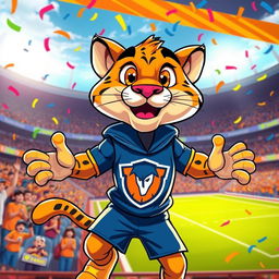 A vibrant and dynamic illustration of a puma mascot, featuring an anthropomorphic, cartoonish puma character with large expressive eyes, wearing a sporty outfit