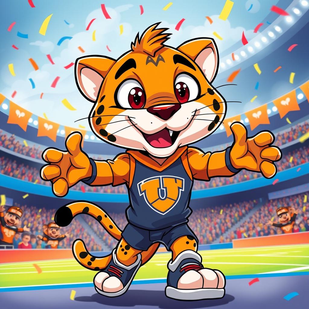 A vibrant and dynamic illustration of a puma mascot, featuring an anthropomorphic, cartoonish puma character with large expressive eyes, wearing a sporty outfit