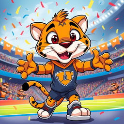 A vibrant and dynamic illustration of a puma mascot, featuring an anthropomorphic, cartoonish puma character with large expressive eyes, wearing a sporty outfit