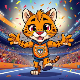 A vibrant and dynamic illustration of a puma mascot, featuring an anthropomorphic, cartoonish puma character with large expressive eyes, wearing a sporty outfit