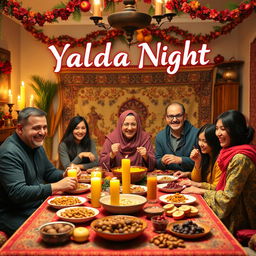 A festive and vibrant video scene celebrating Yalda Night, showcasing a beautifully decorated living room with traditional Persian decorations such as pomegranates, candles, and colorful fruits