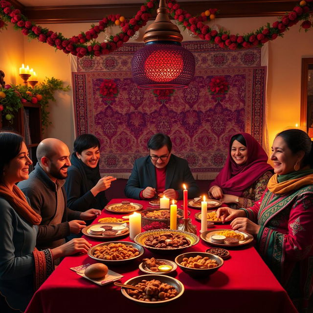A festive and vibrant video scene celebrating Yalda Night, showcasing a beautifully decorated living room with traditional Persian decorations such as pomegranates, candles, and colorful fruits