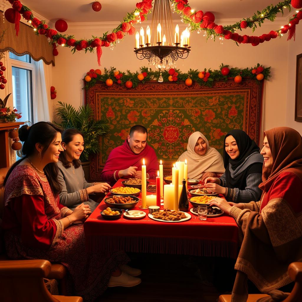 A festive and vibrant video scene celebrating Yalda Night, showcasing a beautifully decorated living room with traditional Persian decorations such as pomegranates, candles, and colorful fruits