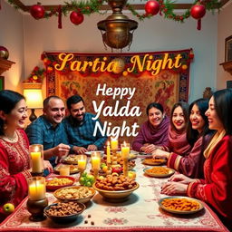 A festive and vibrant video scene celebrating Yalda Night, showcasing a beautifully decorated living room with traditional Persian decorations such as pomegranates, candles, and colorful fruits