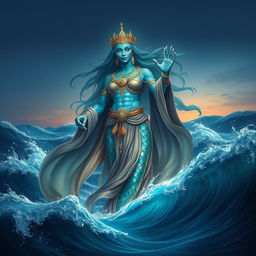 A majestic marid, a mythical water spirit from Arabian folklore, depicted as a towering figure rising from a swirling sea