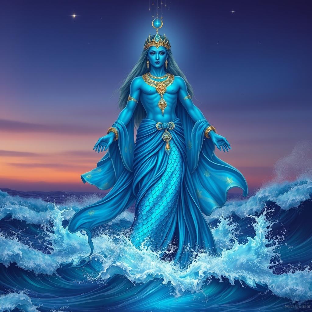 A majestic marid, a mythical water spirit from Arabian folklore, depicted as a towering figure rising from a swirling sea