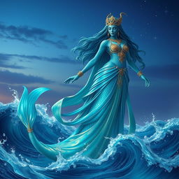 A majestic marid, a mythical water spirit from Arabian folklore, depicted as a towering figure rising from a swirling sea