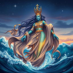 A majestic marid, a mythical water spirit from Arabian folklore, depicted as a towering figure rising from a swirling sea