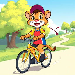 A lively and playful illustration of a puma mascot riding a bicycle