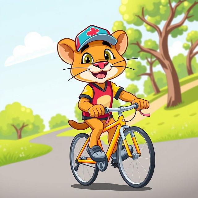 A lively and playful illustration of a puma mascot riding a bicycle