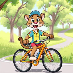 A lively and playful illustration of a puma mascot riding a bicycle