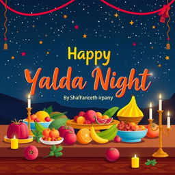 A festive and vibrant illustration representing a joyful celebration of Yalda Night by Shahin Bar Transportation Company in Isfahan, featuring traditional Persian elements like a beautifully arranged Haft-Seen table, colorful fruits, pomegranates, and candles