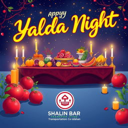 A festive and vibrant illustration representing a joyful celebration of Yalda Night by Shahin Bar Transportation Company in Isfahan, featuring traditional Persian elements like a beautifully arranged Haft-Seen table, colorful fruits, pomegranates, and candles