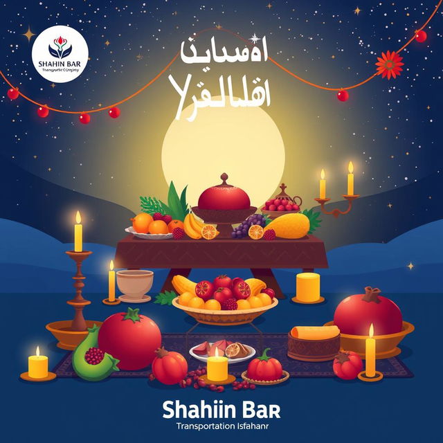 A festive and vibrant illustration representing a joyful celebration of Yalda Night by Shahin Bar Transportation Company in Isfahan, featuring traditional Persian elements like a beautifully arranged Haft-Seen table, colorful fruits, pomegranates, and candles