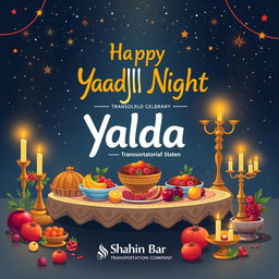 A festive and vibrant illustration representing a joyful celebration of Yalda Night by Shahin Bar Transportation Company in Isfahan, featuring traditional Persian elements like a beautifully arranged Haft-Seen table, colorful fruits, pomegranates, and candles