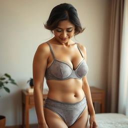 A mature Malay woman with a small bust stands gracefully, showcasing her natural beauty