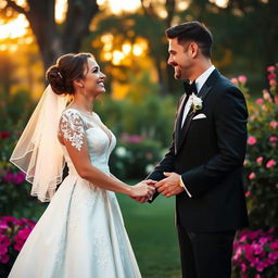 A serene and joyful scene of a married couple standing together in a lush garden during sunset