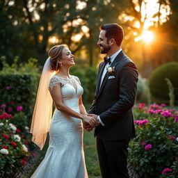 A serene and joyful scene of a married couple standing together in a lush garden during sunset