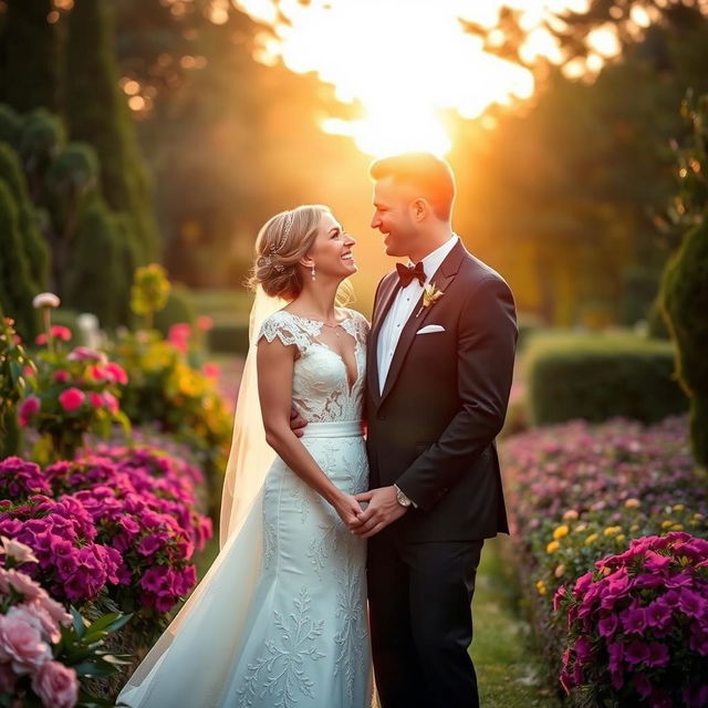 A serene and joyful scene of a married couple standing together in a lush garden during sunset