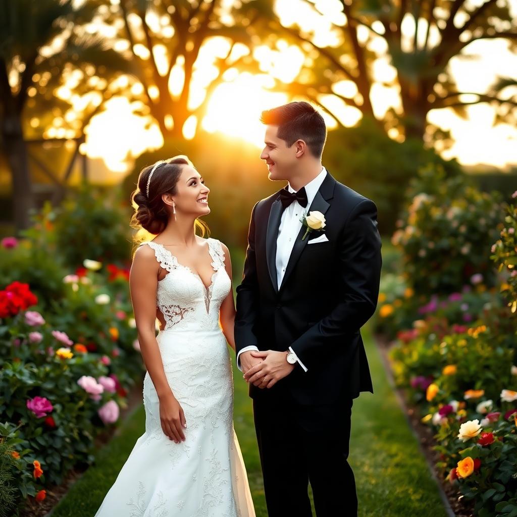 A serene and joyful scene of a married couple standing together in a lush garden during sunset