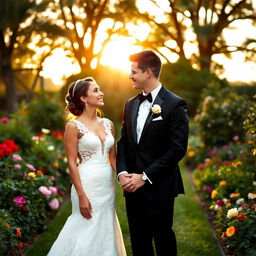 A serene and joyful scene of a married couple standing together in a lush garden during sunset