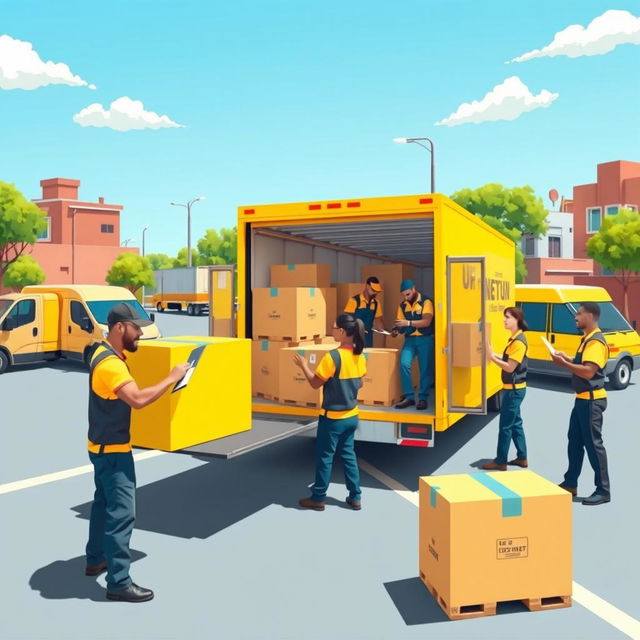 A vibrant and engaging scene depicting a bustling moving and transportation company