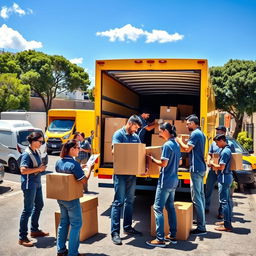 A vibrant and engaging scene depicting a bustling moving and transportation company