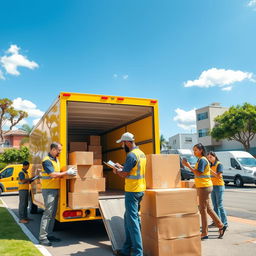 A vibrant and engaging scene depicting a bustling moving and transportation company