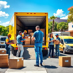 A vibrant and engaging scene depicting a bustling moving and transportation company