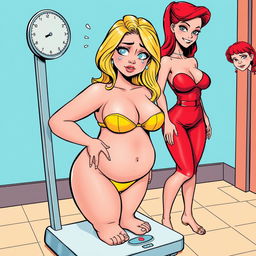 A comic book-style illustration featuring a beautiful, curvy 18-year-old girl with blonde hair and a thin face, reflecting a blend of sexiness and innocence