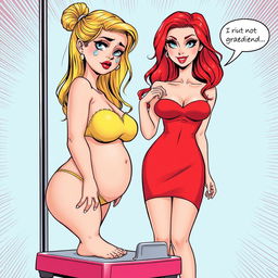 A comic book-style illustration featuring a beautiful, curvy 18-year-old girl with blonde hair and a thin face, reflecting a blend of sexiness and innocence