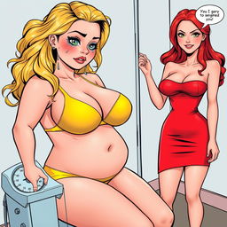 A comic book-style illustration featuring a beautiful, curvy 18-year-old girl with blonde hair and a thin face, reflecting a blend of sexiness and innocence