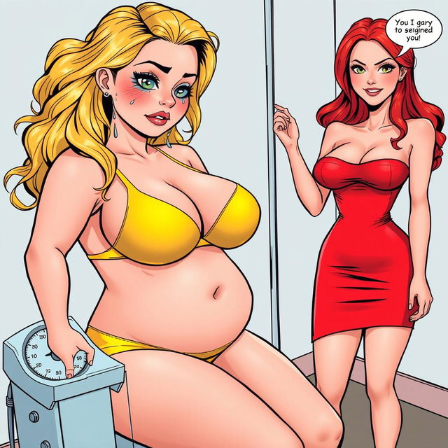 A comic book-style illustration featuring a beautiful, curvy 18-year-old girl with blonde hair and a thin face, reflecting a blend of sexiness and innocence