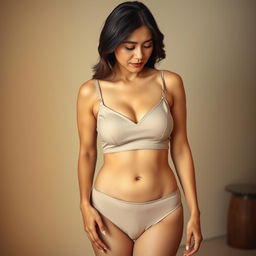 A mature Malay woman with small breasts stands gracefully, showcasing her natural beauty