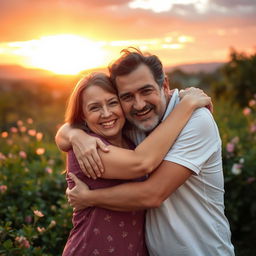 A heartwarming scene of two adults embracing in a warm hug, smiling joyfully while looking straight at the viewer