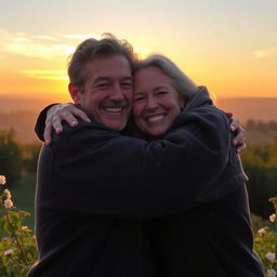 A heartwarming scene of two adults embracing in a warm hug, smiling joyfully while looking straight at the viewer