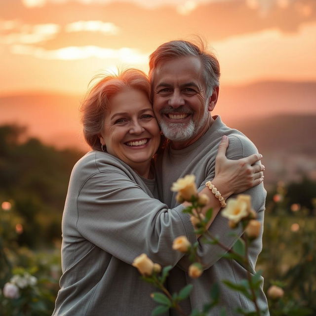 A heartwarming scene of two adults embracing in a warm hug, smiling joyfully while looking straight at the viewer