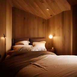 A cozy bedroom with a plush bed adorned with soft cushions, warmed by dimmed ambient lighting, and decorated with delicately crafted wooden furniture and snuggly soft textiles.