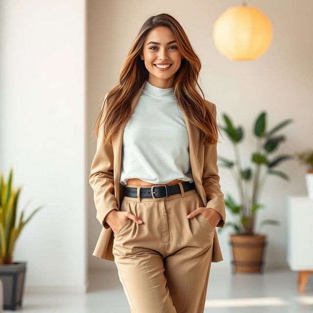 A stylish young woman in a chic, modern outfit, standing confidently in a bright, minimalistic room